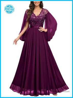 V-Neck Lace Sequin Cape Sleeve Evening Gown Formal Bridesmaid Dress